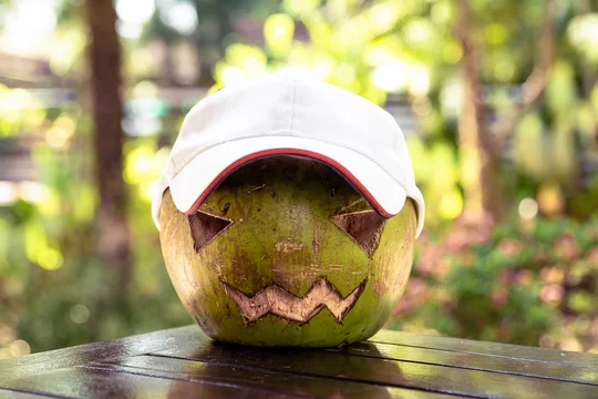 Fresh green coconut on the table. He is wearing a white baseball cap.  Halloween symbols are carved on it. The face of a pumpkin. Green background  Stock Photo | Adobe Stock