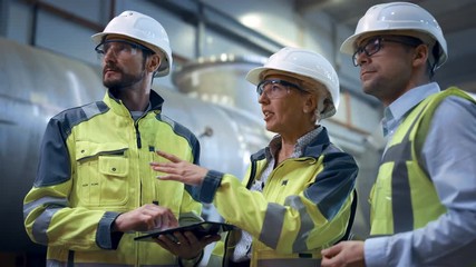 Three Heavy Industry Engineers Stand in Pipe Manufacturing Factory, Use Digital Tablet Computer, Have Discussion. Large Pipe Assembled. Design and Construction of Oil, Gas and Fuels Transport Pipeline - Powered by Adobe