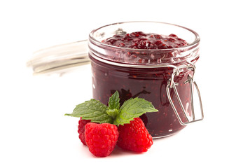 Jar of Homemade Raspberry Jam Isolated on a White Background