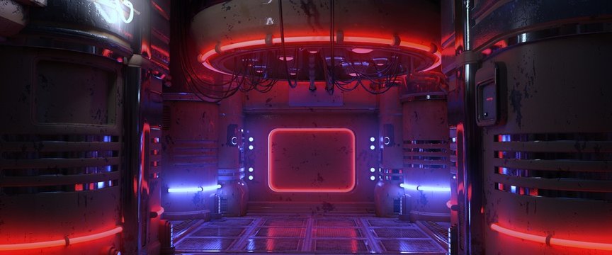 3D illustration of a futuristic room with blue and red neon lights. Cyberpunk scene. Industrial wallpaper.
