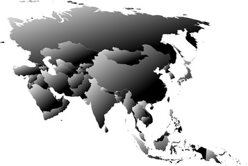 Map of Asia split into individual countries. Gradual coloring from white to black creating a 3D effect.