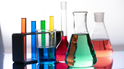 flasks and test tubes in a chemistry lab