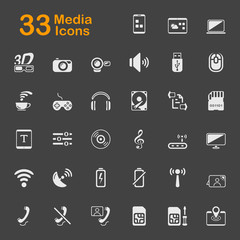 Media vector icons. Contains such icons as computer, camera, laptop, vinyl, phone and more.