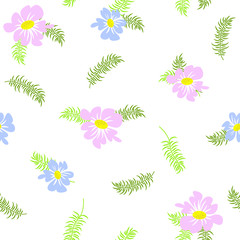 Small, blue, pink flowers and leaves on white isolated background. Seamless vector pattern for paper, fabric, plastic, ceramics