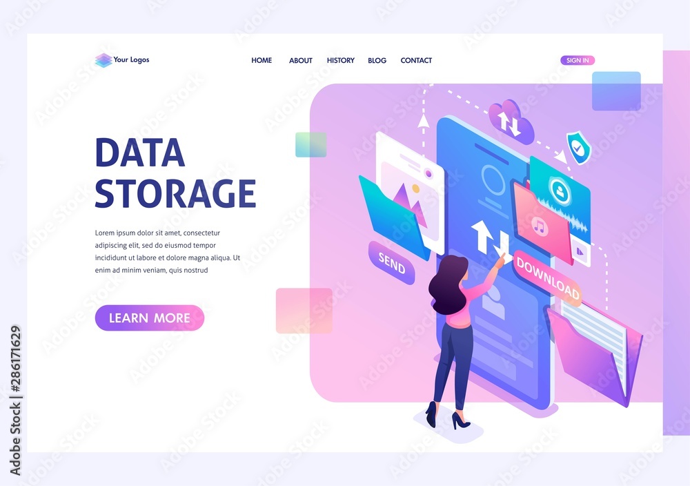 Poster young girl interacting with the data storage, downloads and uploads files to the cloud. data exchang
