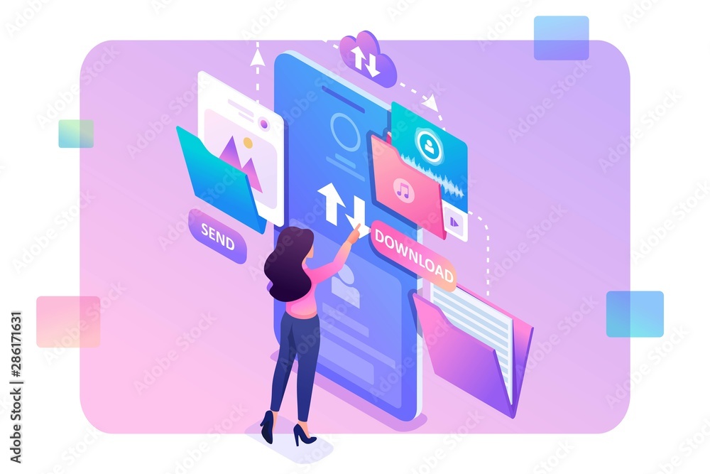 Poster young girl interacting with the data storage, downloads and uploads files to the cloud. data exchang