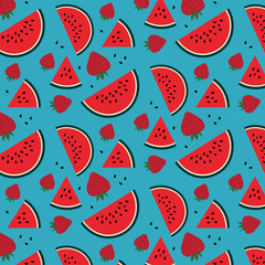 Strawberry and watermelon pattern on a blue background