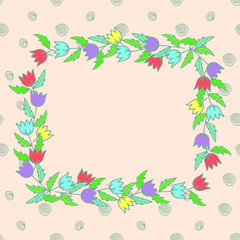 Fototapeta na wymiar Gentle, naive, square frame of colorful flowers Scilla. Blank copy space for invitations, cards, postcards