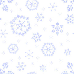 Delicate, beautiful, lilac, isolated snowflakes of different size on white background. Seamless vector pattern for printing or decorating