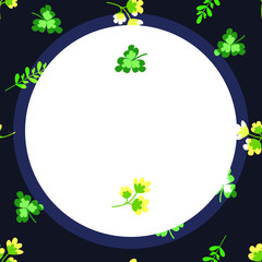 Large, white circle on a dark background with flowers and herbs. Template for social networking, blank for announcements, copy space