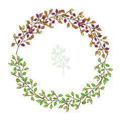 Gentle, summer, autumn wreath, frame of branches with leaves. Blank for invitation, holiday, wedding, illustration isolated on white background