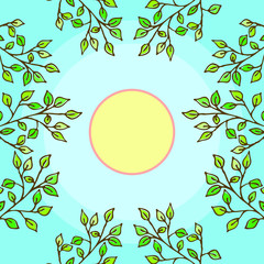 Green leaves, branches, sun, sky-bottom-up view, spring. Vector, Doodle style, illustration, lying on back