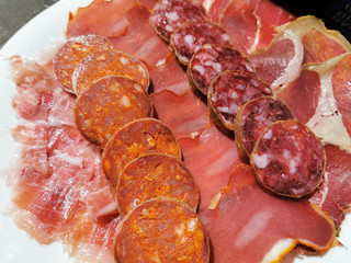 Plato con ración de embutidos variados. Lonchas de Jamón, chorizo, lomo, salchichón