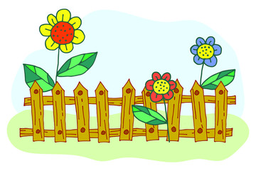 Primitive, flat, red and yellow flowers with leaves, wooden brown fence-vector color illustration in Doodle style