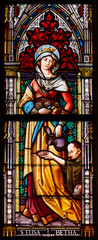 Kosice, Slovakia. 2019/7/5. Stained glass window depicting open-handed Saint Elizabeth of Hungary (of Thuringia) in the Cathedral of St Elisabeth (Dom Svatej Alzbety).