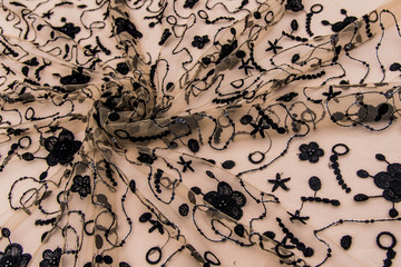 Texture lace fabric. lace on white background studio. thin fabric made of yarn or thread. a background image of ivory-colored lace cloth. Black lace on beige background.