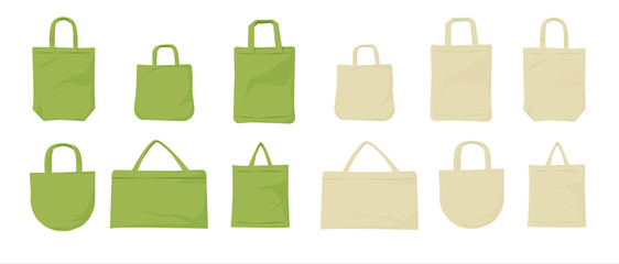 Paper and fabric bag big set with Eco logo. Stop using disposable polythene package Vector cartoon illustration.