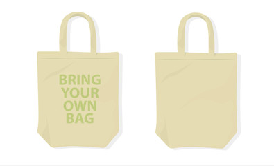 Paper bag with text bring your own bag. Pollution problem concept. Stop using disposable polythene package Vector cartoon illustration.
