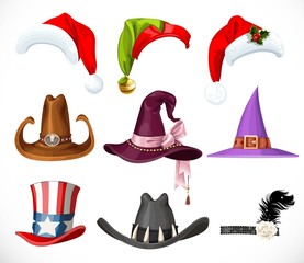 Collection of hats for a festive masquerade - halloween, new year, carnival isolated on white background