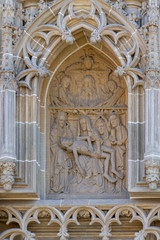 Kosice, Slovakia. 2019/7/5. A relief sculpture of the Pieta above the entrance to the Cathedral of St Elisabeth (Dom Svatej Alzbety).