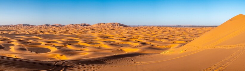 View of the Merzouga Dunes in the Sahara Desert - obrazy, fototapety, plakaty