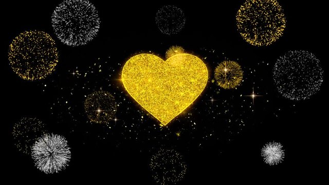 Love Heart Icon on Glitter Golden Particles Effect Firework. Object, Shape, Text, Design, Element, symbol 4K Animation.