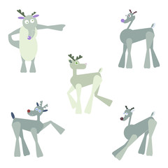 Vector set of five deer standing in different poses on the white background. Flat drawn kids style deer for different purposes