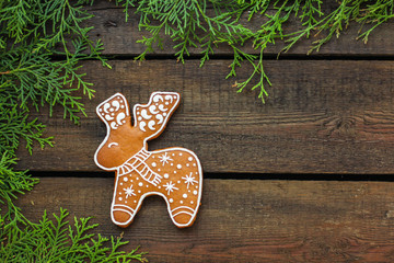 gingerbread (christmas atmosphere, new year holiday) decoration. top food background. copy space