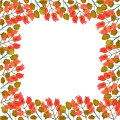 Autumn watercolor frame leaves and flowers. Drawn by hand in red and green colors. Great for all types of design.