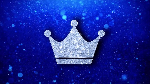 Queen Royalty Crown Icon White Blinking Glitter Glowing Shine on Blue Particles. Shape, Web, Text , Design, Element, Symbol 4K Loop Animation.