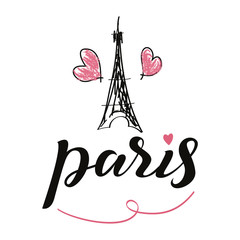 love Paris card. Modern brush calligraphy. Hand drawn lettering phrase. Ink illustration. Isolated on white background.