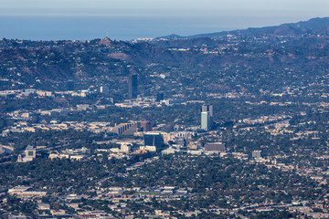 Aerial view of the Burbank Media District, Studio City and the Santa Monica Mountains in scenic Los Angeles, California.  