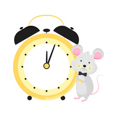 Isolated modern cute cartoon mouse with big clock