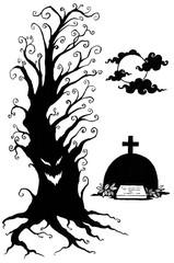 Hand draw Halloween silhouette elements , ghost tree, grave and moon.