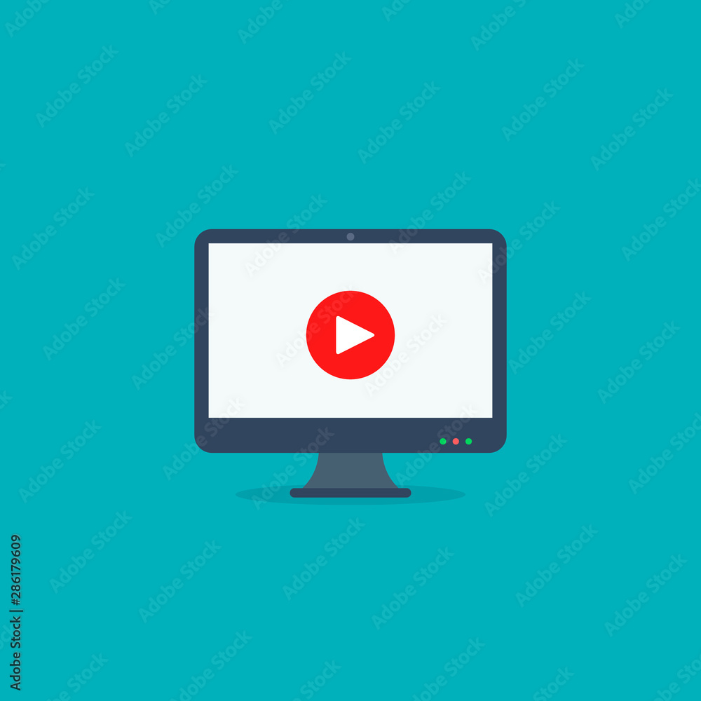 Poster modern monitor with video player on the screen. vector isolated illustration