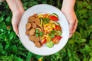 salad vegetables and croutons (tomato, cucumber, onion, cracker, corn and other ingredients) menu. top food background. copy space