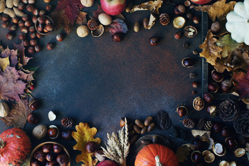 Autumn background with decorative pumpkin, acorns, nuts and autumn leaves  on dark stone table