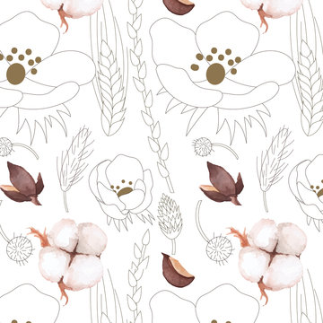 Seamless pattern with big cotton flowers, cotton branches, wild grass and dried flowers in line art style mix with hand painted watercolour