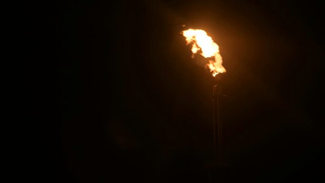 A night shot of a flaming gas torch of petrochemical production in complete darkness. Low key oil combustion and environmental pollution. Ecology problems concept