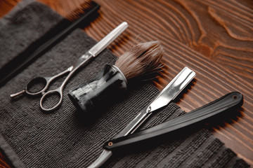Barbershop background for men beauty salon, hairdresser tools scissors, razor, comb, copy space