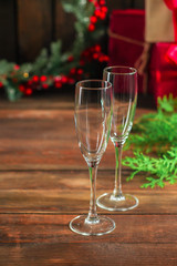 champagne and glasses, holiday (christmas, new year - celebration) menu. top food background. copy space