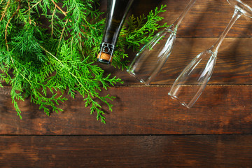 champagne and glasses, holiday (christmas, new year - celebration) menu. top food background. copy space