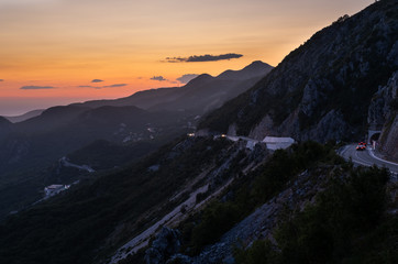 Obraz premium Budva riviera night coastline. Montenegro, Balkans, Adriatic sea.