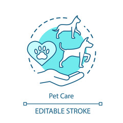 Pet care center concept icon. Domestic animals vet clinic idea thin line illustration. Helping injured dogs, cats. Veterinary treatment. Vector isolated outline drawing. Editable stroke