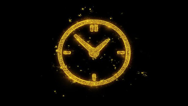 Clock Watch Icon Sparks Glitter Particles on Black Background. Shape, Design, Text, Element, Symbol Alpha Channel 4K Loop.