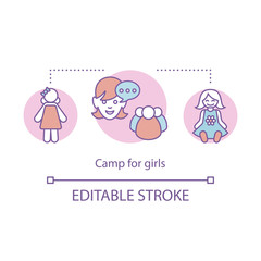 Fototapeta premium Camp for girls concept icon. Summer fun activities club idea thin line illustration. Child holiday resort. Educational after school facility. Vector isolated outline drawing. Editable stroke