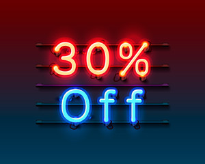 Neon frame 30 off text banner. Night Sign board.