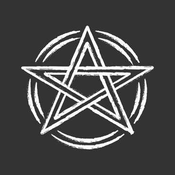 Pentagram chalk icon. Occult ritual pentacle. Devil star. Satanic cult, wiccan & pagan symbol. Witchcraft, esoteric and diabolic sign. Mystic heptagram. Isolated vector chalkboard illustration