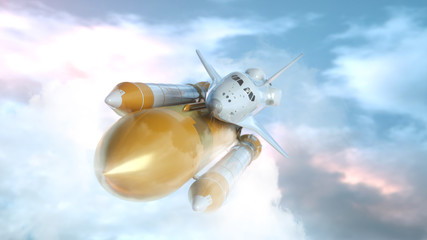 Naklejka premium Space Shuttle Flying Over The Clouds. 3d rendering