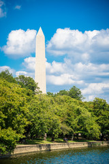 Obraz premium Scenic summer view of the Washington Monument with summer greenery on the Mall with bright summer clouds in Washington DC, USA